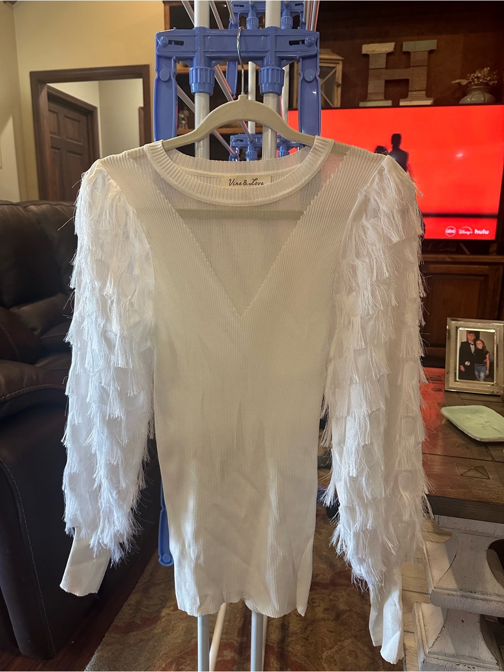 Vine & Love White Feather-Trim Knit Pullover